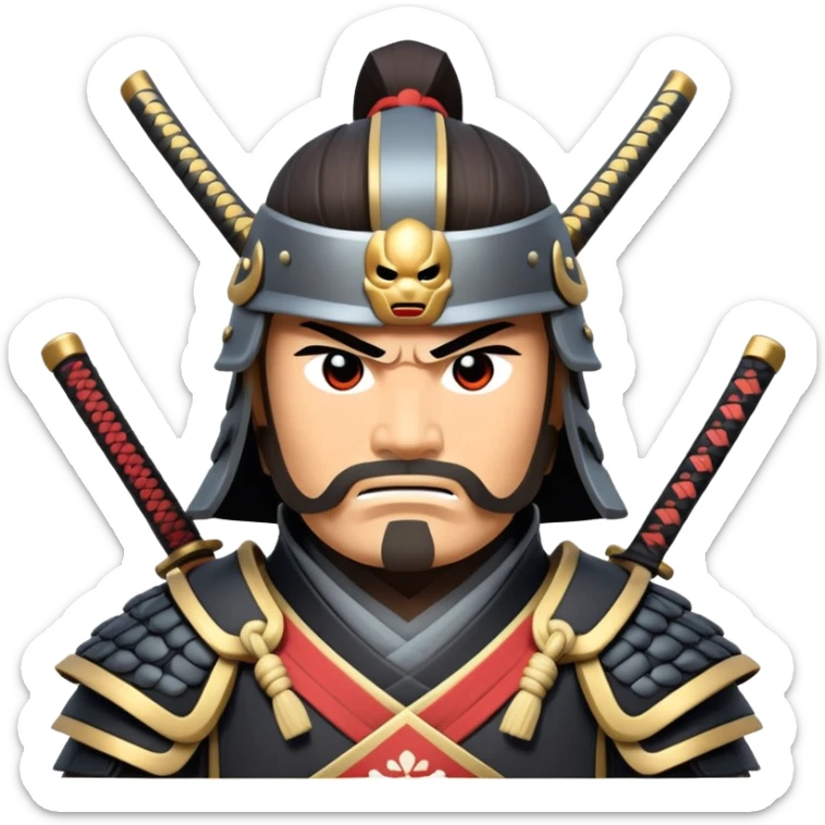 clash-of-clans-aesthetic_-cinematic-fearsome-and-majestic-samurai-bust-portrait-emoji, rendered in a flat, vector-style with minimal shading and bold, simplified shapes typical of emoji art, depicting a battle-hardened samurai with steely eyes and traditional black Japanese armor, riding a noble grey warhorse adorned with an intricately designed saddle and fluttering banners, against a backdrop of cherry blossoms and a rising sun. sticker