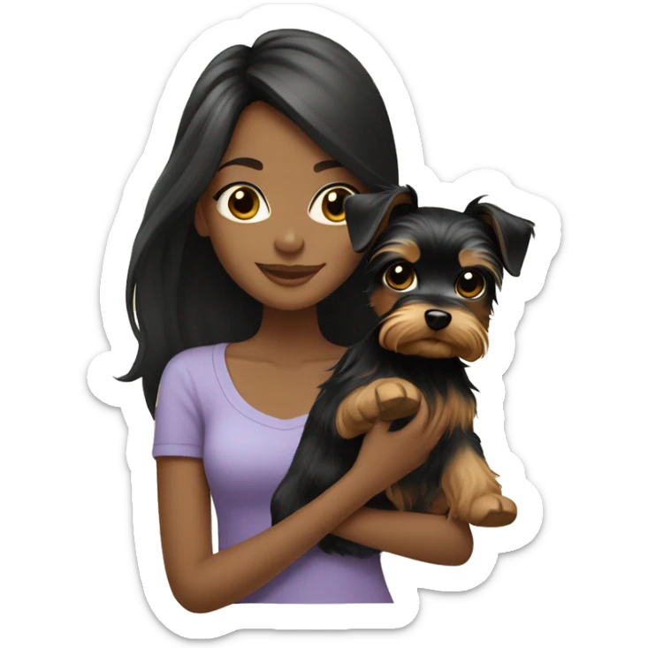 Black long hair light tan girl with yorkie puppy sticker