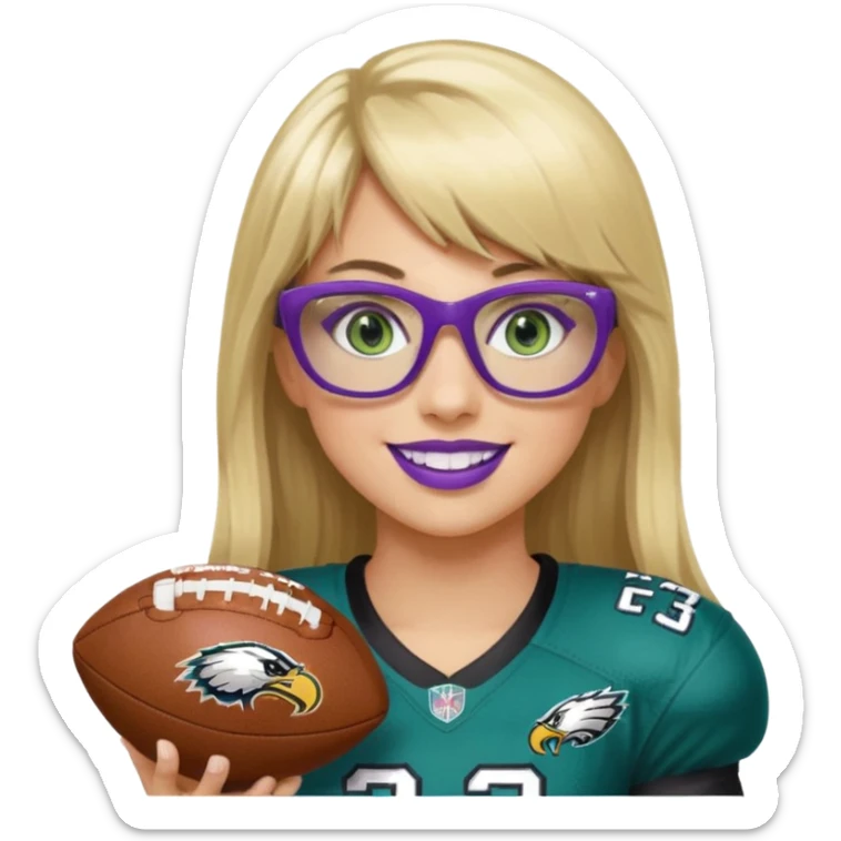 long blonde hair with bangs black rectangle glasses female green eyes football player wearing eagles uniform jersey number 33 holding football smiling purple lipstick sticker