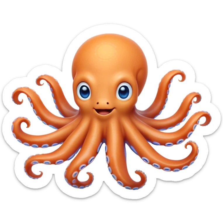 Cinematic Cute smiling Octopus Portrait Emoji, Head tilted playfully and inquisitively, featuring a rounded, light orange body embellished with playful blue rings, eight adorably curling arms, and big, twinkling eyes full of wonder, Simplified yet irresistibly adorable features, highly detailed, glowing with a warm, inviting underwater glow, high shine, affectionate and lively, stylized with a touch of whimsical cartoon charm, soft glowing outline, capturing the essence of a mischievous yet loving octopus that seems as if it could bob out of the screen into your arms! sticker