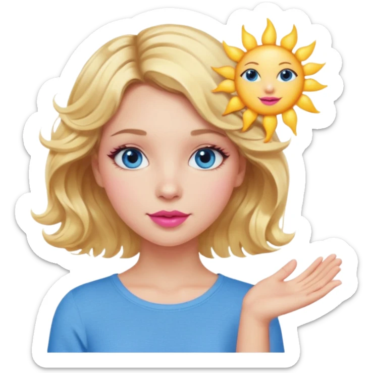 Girl Blonde short wavy hair,  blue eyes, cute blue top, long lashes, pink lips, holding the one sun   sticker