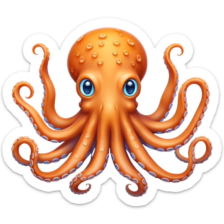 Cinematic Noble Octopus Portrait Emoji, Poised and enchanting, with a light orange body adorned with vibrant blue rings and eight delightfully curling arms with gentle suckers, large sparkling eyes exuding warmth and playfulness, Simplified yet charmingly expressive features, highly detailed, glowing with a soft, magical underwater radiance, high shine, intelligent and irresistibly cute, stylized with an air of whimsical marine enchantment, focused and fluid, soft glowing outline, capturing the essence of a watchful and endearing octopus that appears ready to float out of the screen with delightful charm! sticker