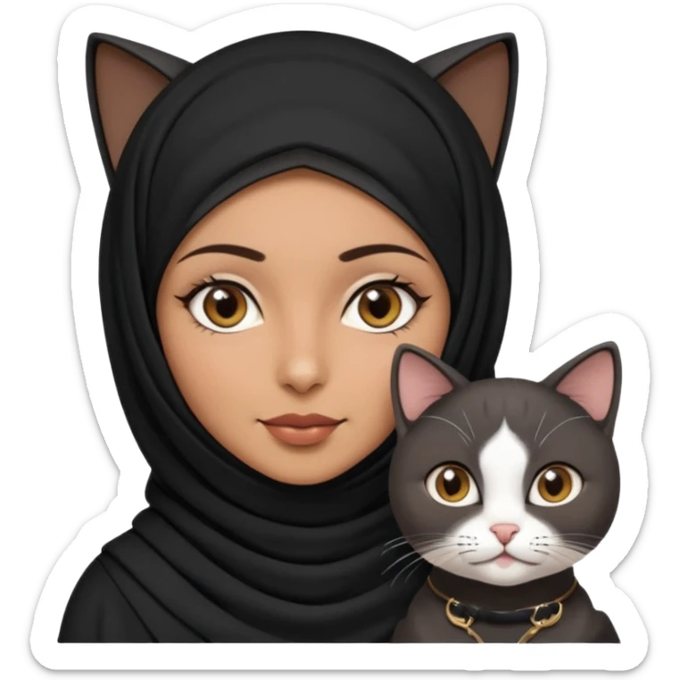 A Arabic woman human with brown eyes and black hijab. , the human is a human no cat ears, two cats, the both cats have the colour black and white in the same colour, not orange cat,  NO CAT EARS ON THE HUMAN ,  sticker