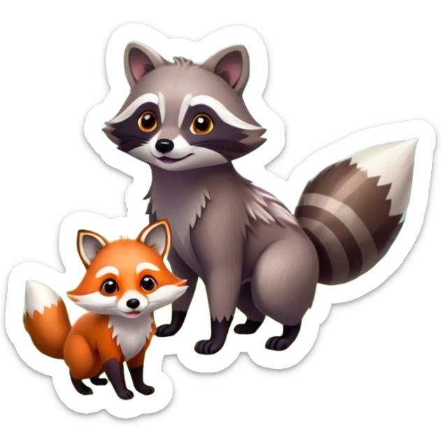 raccoon and a fox among a colorful forest with vibrant green trees, bushes and flowers. The animals are in the foreground, surrounded by a lush, bright forest, with soft sunlight filtering through the leaves. A playful photo-realistic and wild scene with a transparent background. sticker