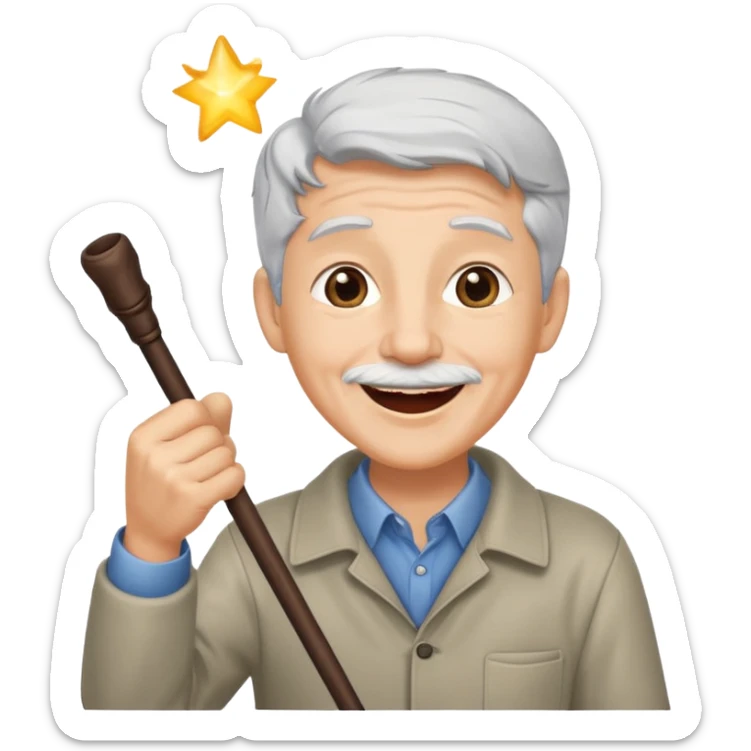 A grey-haired fan with cane in hand, cheering loudly with youthful spirit. sticker