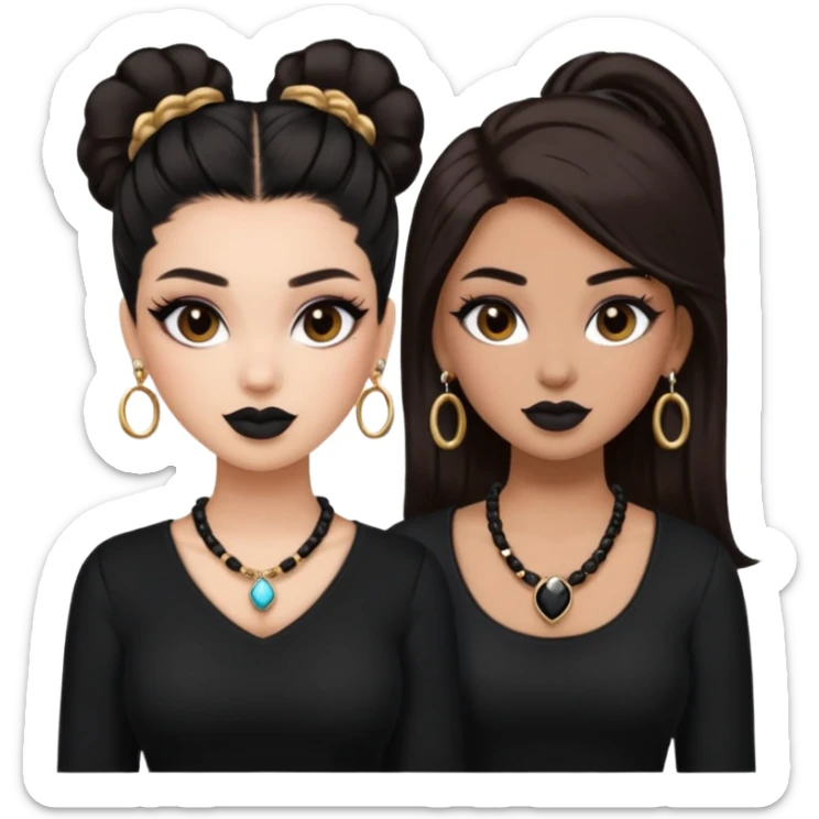 Boujy baddie best friends, trendy heavy makeup both dark hair one light skinned and one mocha brown pretty hair style both wearing black and earrings and necklace  sticker