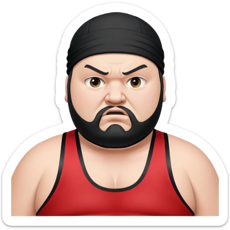 Extreme close-up of face of morbidly obese white skin guy with young face, prominent BLACK DURAG tied clearly on head, black beard but no mustache, clean shaven upper lip, black eyes in a red and black wrestling singlet with angry expression sticker