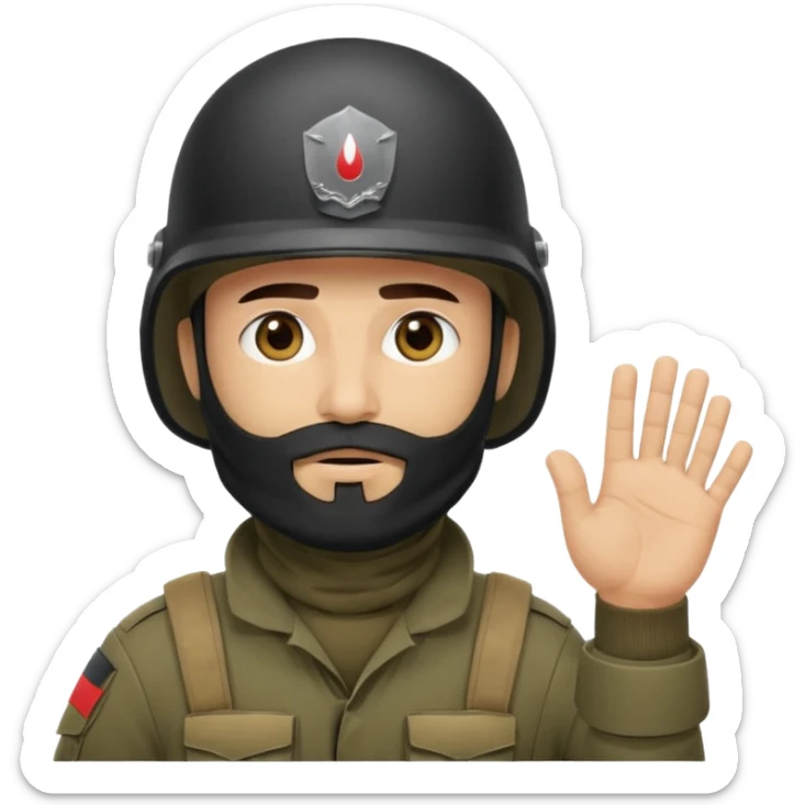 
surrenders, depicts an Iraqi soldier from 1980, with a beard, in a helmet, there are no signs on the helmet, with a balaclava, with sad eyes and raised hands sticker