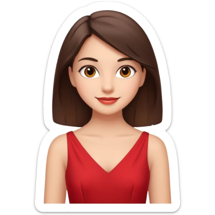 Cartoon emoji of a young brunette woman with fair-medium skin, brown eyes, wearing a red outfit. Full-height, standing confidently in a red dress  posing sexy with a smile and relaxed posture. Smooth, friendly, stylized, make up on, flirty eyes and smile sticker