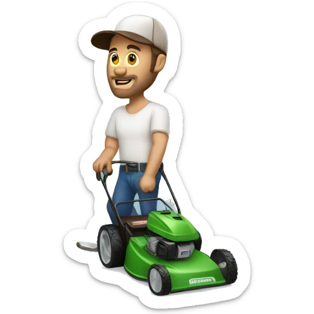 man with brown hair, a baseball hat, mowing the lawn, talking on the phone  sticker