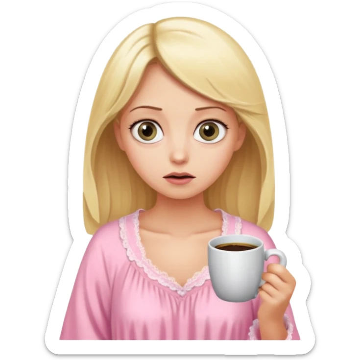 A blonde woman in a pink nightgown with wide eyes looks for coffee. sticker