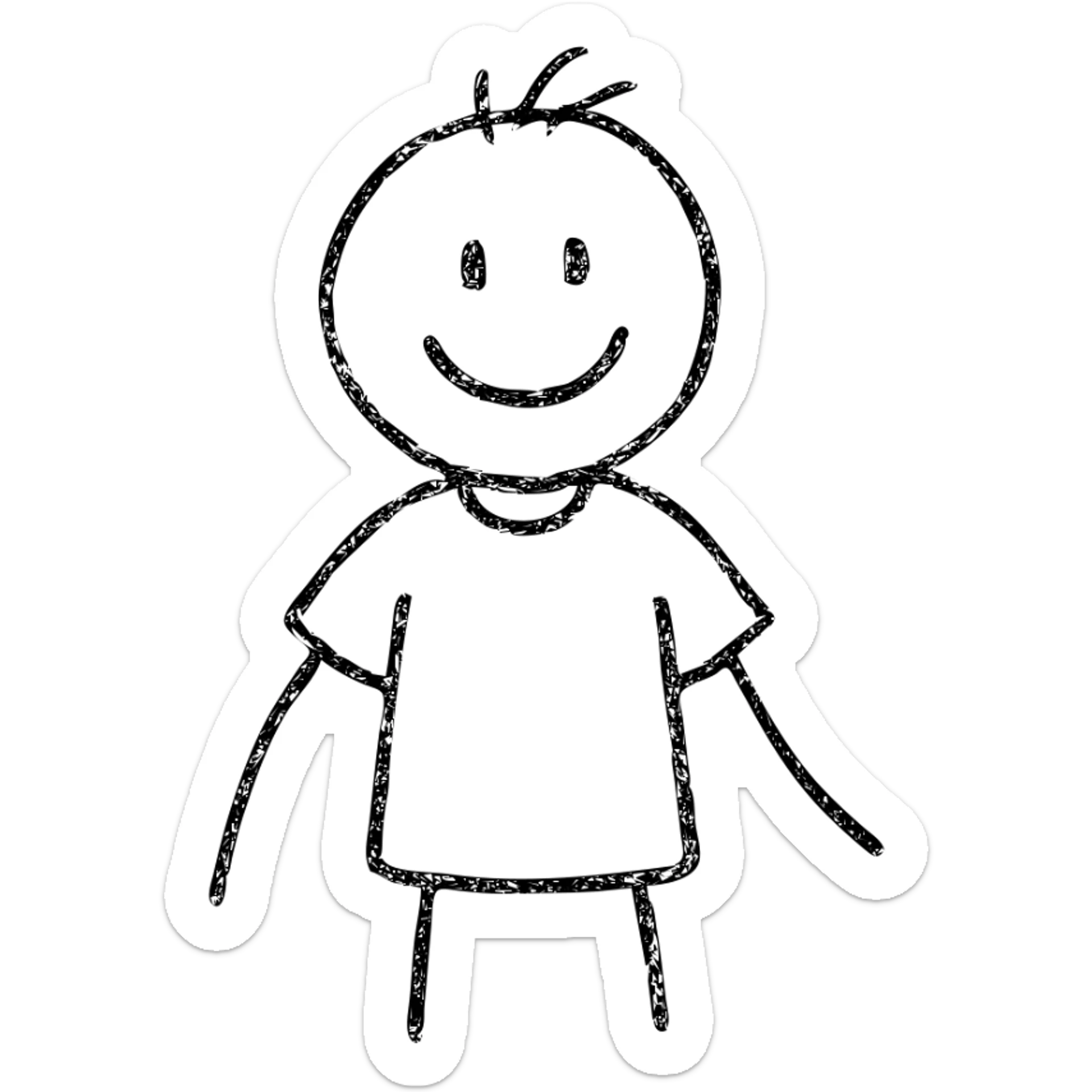 hand-drawn stick man wearing a simple T-shirt, black lines, minimal detail sticker