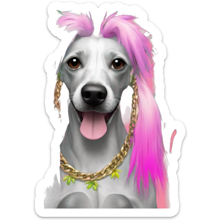 Punk tropical palm leaves flowers Chinese crested dog neon rainbow cyan green pink hair gold chain punk piercings tattoos punk ear piercings sticker
