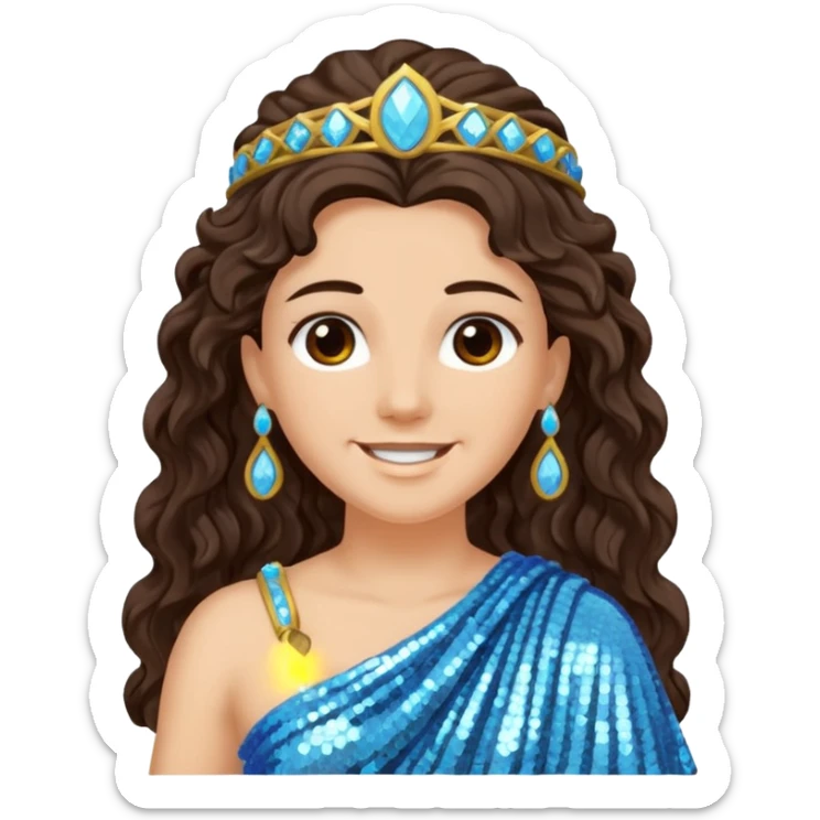 Minerva, Goddess of Wisdom from Roman Deities with long dark brown wavy hair, light blue sequin toga sticker