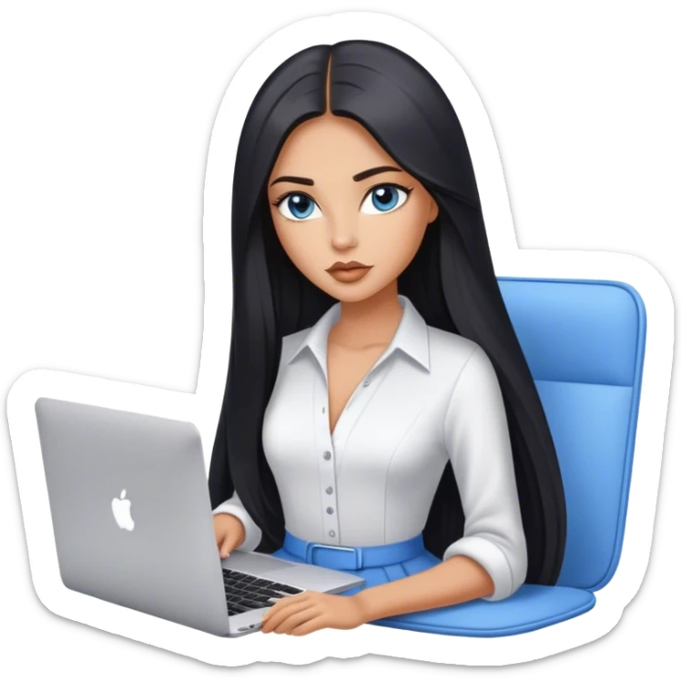 Glamours tanned very beautiful girl with pump nude lips and black straight smooth long hair, blue-grey eyes in beautiful clothing with MacBook. sticker