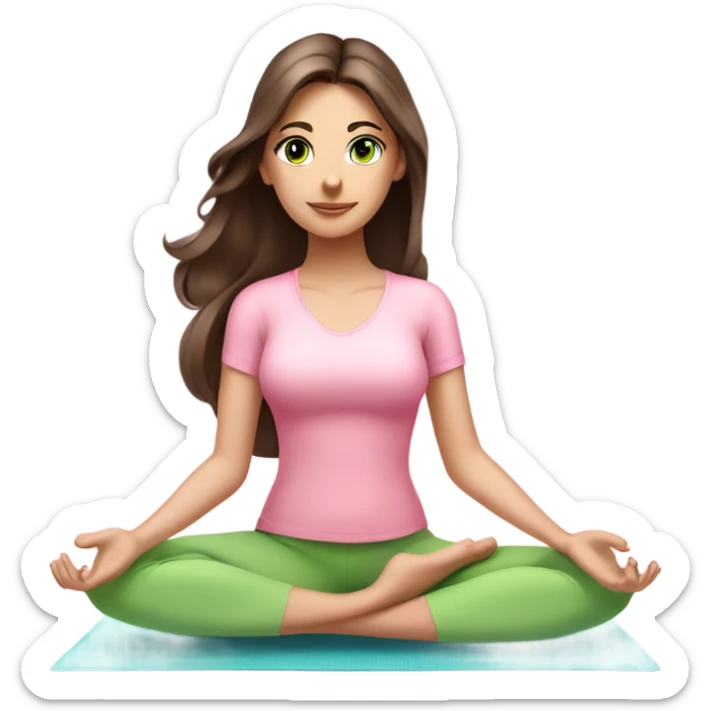 Brunette long hair and green eyes yoga beautiful girl in light pink pink pink clothes sitting on a yoga mat sticker