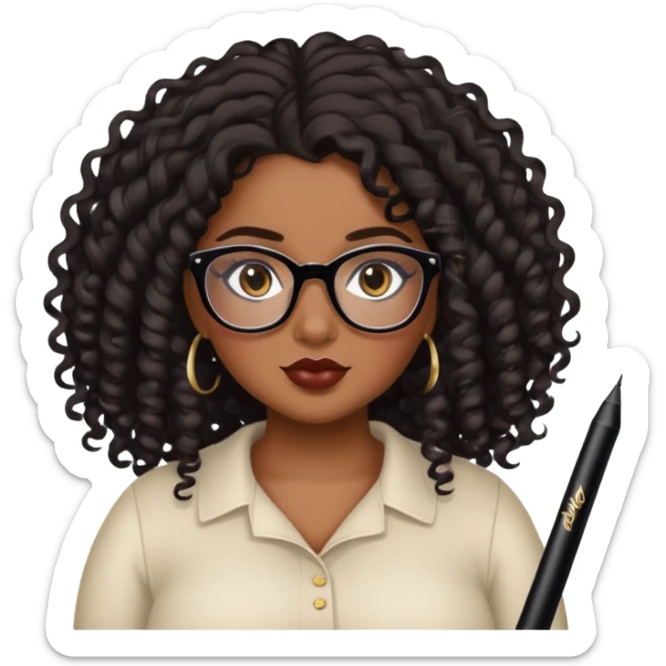 girl, brown skin, pretty, lipliner, eyeliner, eyelashes, plus size, brown eyes, LONG black curly hair, glasses sticker