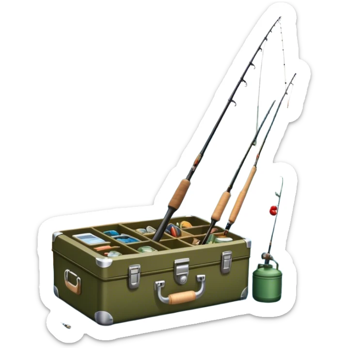 Icon for Fishing: a boat on the shore of a peaceful water body with a beautiful natural landscape, a fishing tackle box, a spinning rod. The icon should capture the tranquility and gear of a fishing adventure. Without frame. Transparent background. sticker