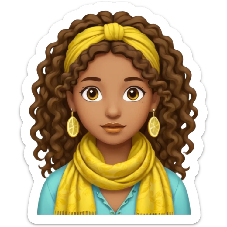 bohemian girl with brown skin, long curly brown hair tied up, lemon yellow scarf, round earrings sticker