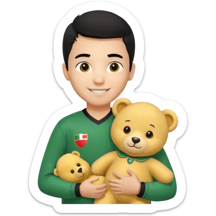 Une garçon qui a les cheveux noir qui sourit il a un maillot de l’algerie et qui a un doudou jaune sur son epaule un ours jaune qui a des habille noir sticker