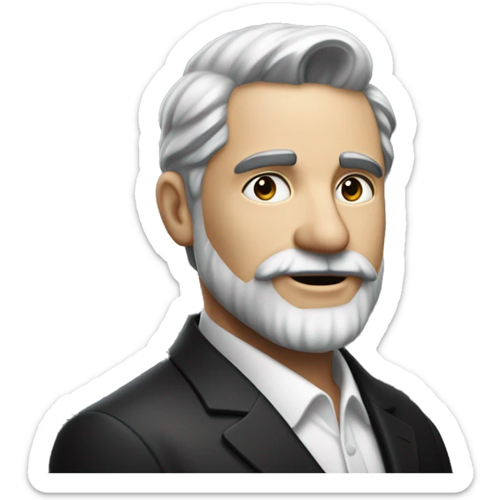Portrait of a distinguished man with short salt-and-pepper hair, a neat beard, wearing a dark suit and white shirt, with a confident, warm expression and a softly blurred background. sticker