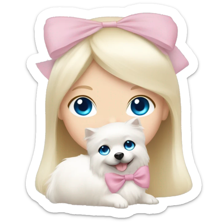 Blond girl white skin blue eyes hugging white Pomeranian with light pink bow sticker