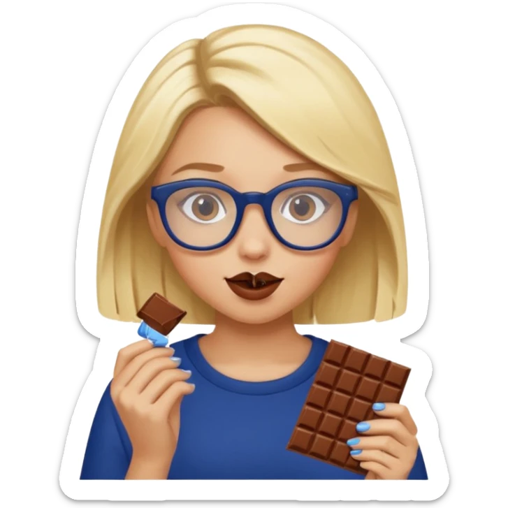 Blonde girl with navy blue framed glasses eating chocolate sticker