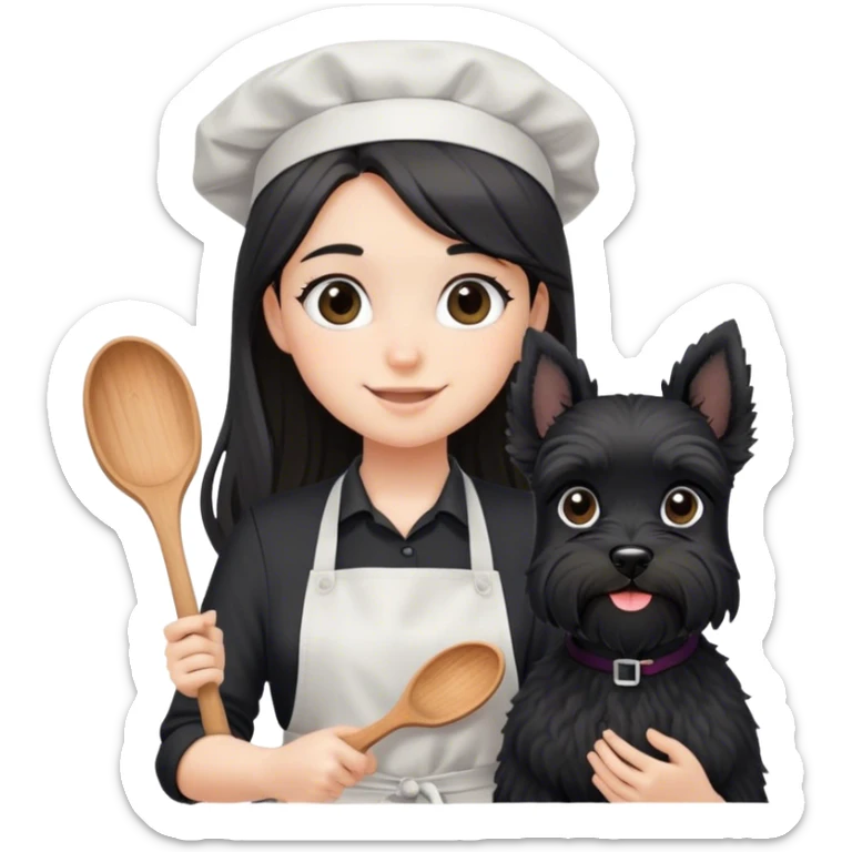 pale smiling girl baking with long back hair wearing black long shirt wearing apron holding black  schnauzer sticker