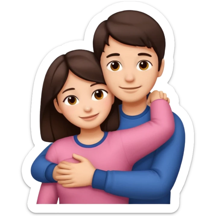 Girl and boy couple Both peach skin and darkish brown hair hugging emoji leaning on eachother sticker