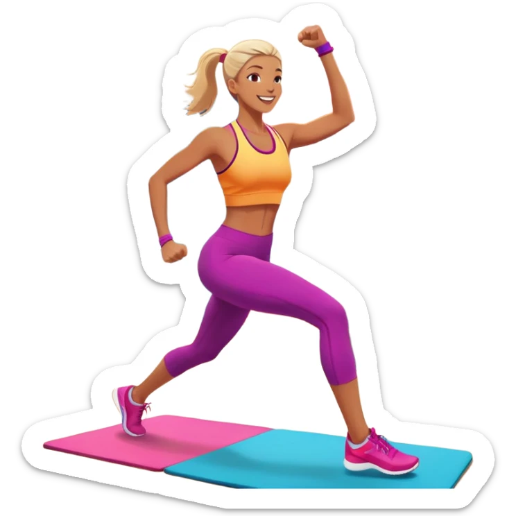 An energetic person performing an aerobics workout in a brightly lit gym, jumping and stretching with enthusiasm. The scene includes vibrant fitness equipment like dumbbells and exercise mats, with a background of cheerful, motivating colors, conveying energy and movement. sticker