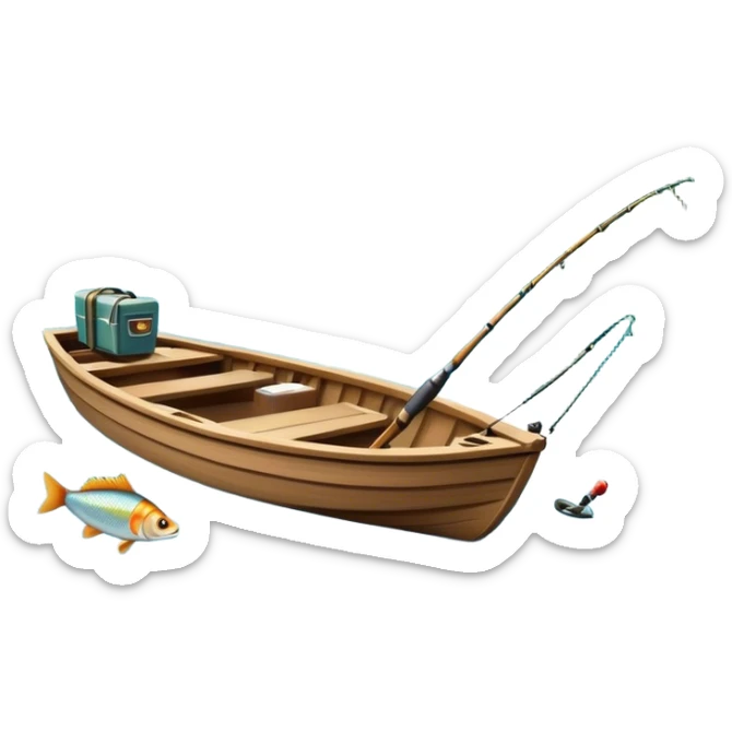 Icon for Fishing Travel: a boat on a calm lake surrounded by mountains and lush greenery, with fish jumping out of the water, a fishing rod, tackle box. The icon should capture the peaceful and adventurous nature of fishing trips. Transparent background. sticker