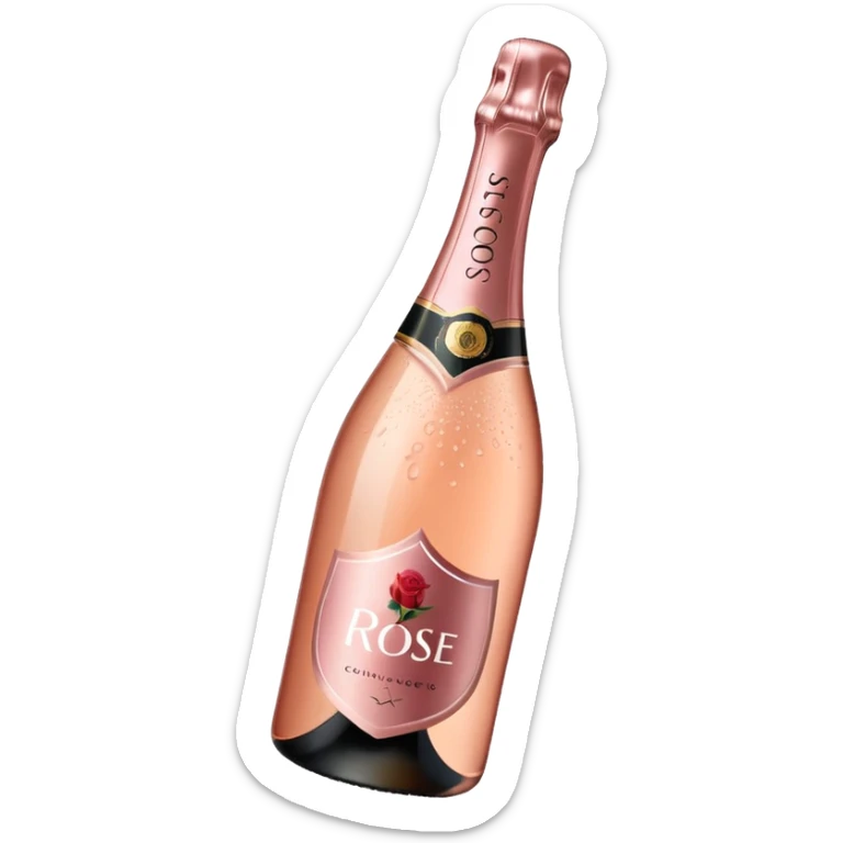 bottle of sparkling rosé champagne with a rose logo on the label, tilted up and to the right, no glass sticker