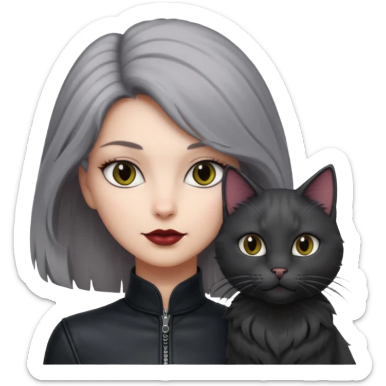 femme aux yeux gris, cheveux court bordeaux avec cuir noir, accompagné d'un chat poils longs gris clair et d'un chat poils ras noirs sticker