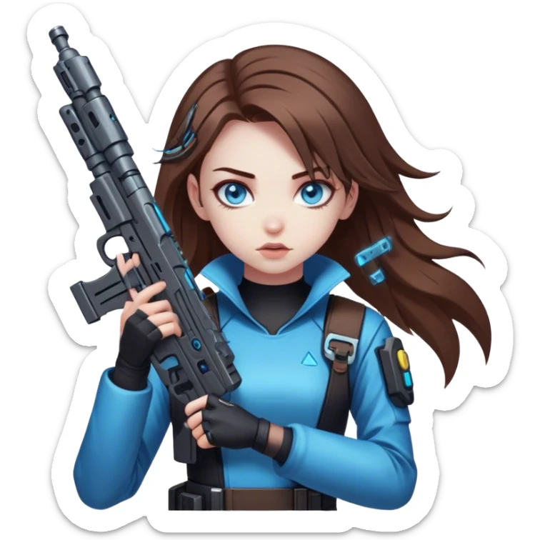 Neon cyberpunk style 
girl with brown hair and blue eyes 
shoots sticker