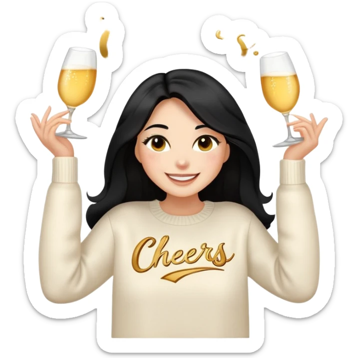 A woman with longer black hair, light to medium skin tone, full cheeks, and almond-shaped eyes, wearing a simple white sweater with the word 'cheers' in gold script, joyful and radiant expression, cheerful, emoji style, just her torso, no hands. sticker