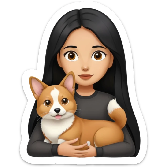 The girl with long black hair holding a corgi and a Abyssinian cat sticker