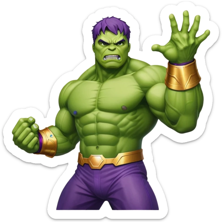 Hulk fighting Thanos, green superhero versus purple villain with infinity gauntlet sticker