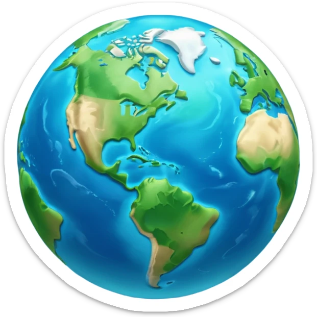 A 3D emoji in iOS emoji aesthetic style of planet Earth, showing blue oceans and green continents, soft glow effect, glossy surface, minimal white background, realistic Apple-style lighting sticker