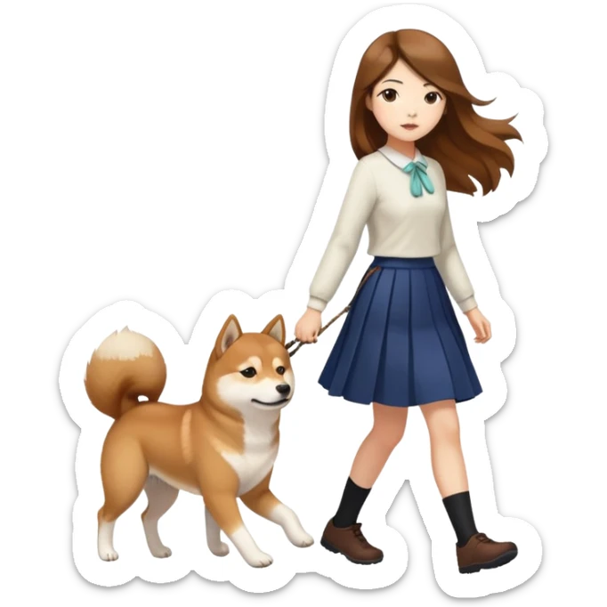 A girl with long brown hair and a skirt walking a Shiba Inu sticker