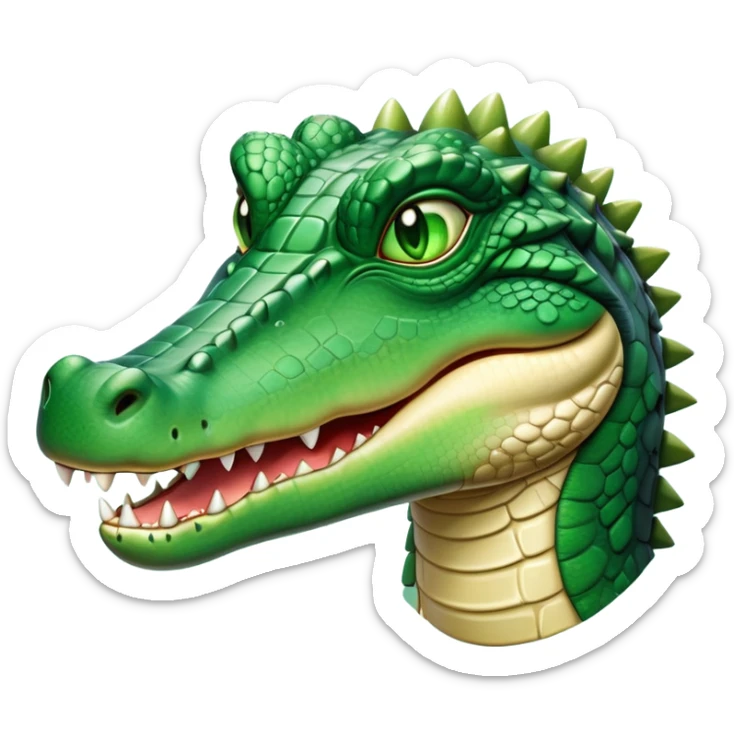 cinematic-noble-crocodile-portrait-emoji,-poised-and-regal,-with-a-powerful,-elongated-build-and-a-rugged,-scaly-emerald-green-hide,-piercing-cold-eyes,-simplified-yet-sharp-and-sophisticated-features,-highly-detailed,-glowing, head held high sticker