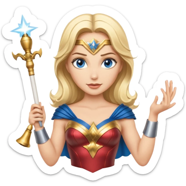 Blonde blue eyed Wonder Woman holding white orchestra conductor’s baton and bell  sticker