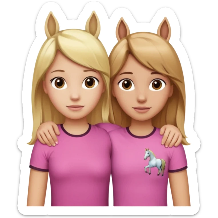 Two Girls with their arms around each other at summer camp one blonde one brown hair brown hair wearing pink horse shirt no horse ears sticker