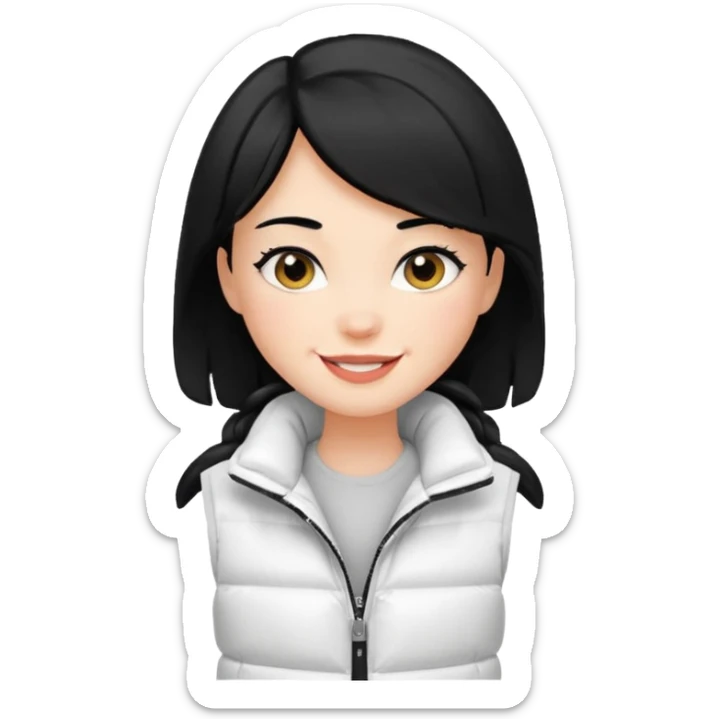 girl with black hair in a white puffer vest with sass sticker