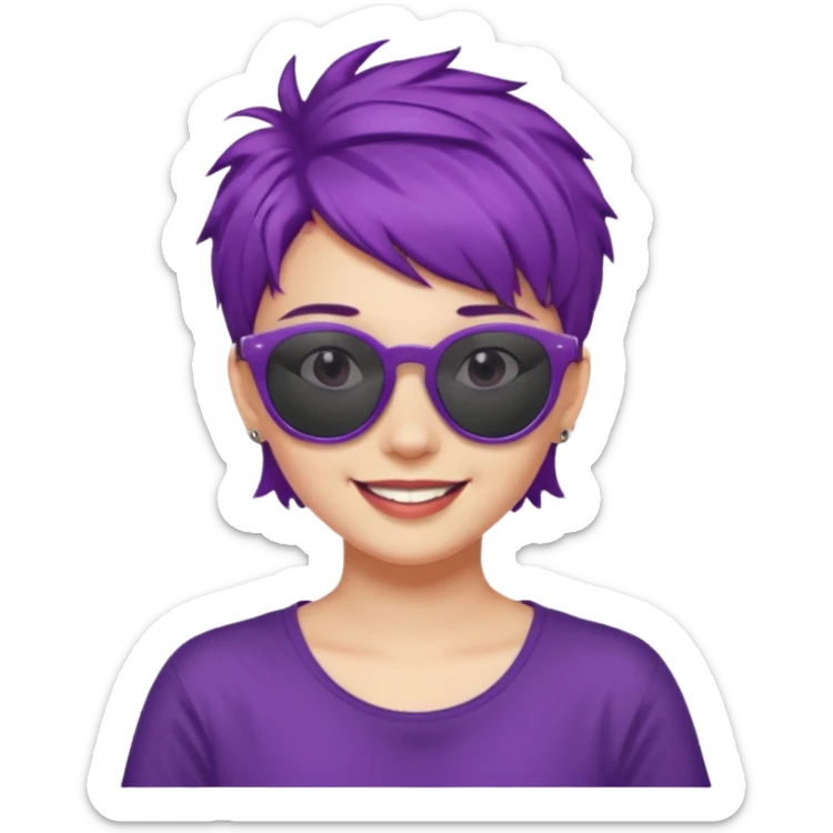 girl with short messy purple hair and sunglasses above head sticker