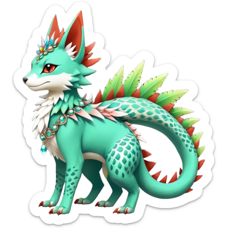Kawaii cute greenish reddish colorful warm-colored exotic tropical beautiful pretty elegant divine edgy feline-vernid-sergal-Fakémon-Pokémon-fursona-animal-creature with accessories, jewelries, full body, with intricate detailed markings, spikes, crystals, fins, scales, spiny, feathered, headdress sticker