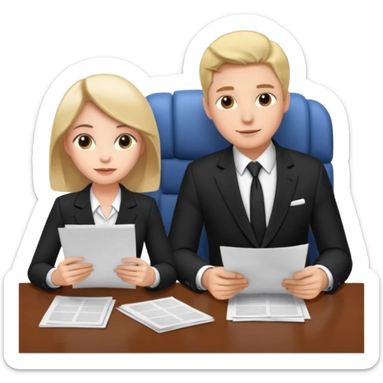 man in formal suit talking to woman in formal suit, they sit, papers in hands on the table sticker