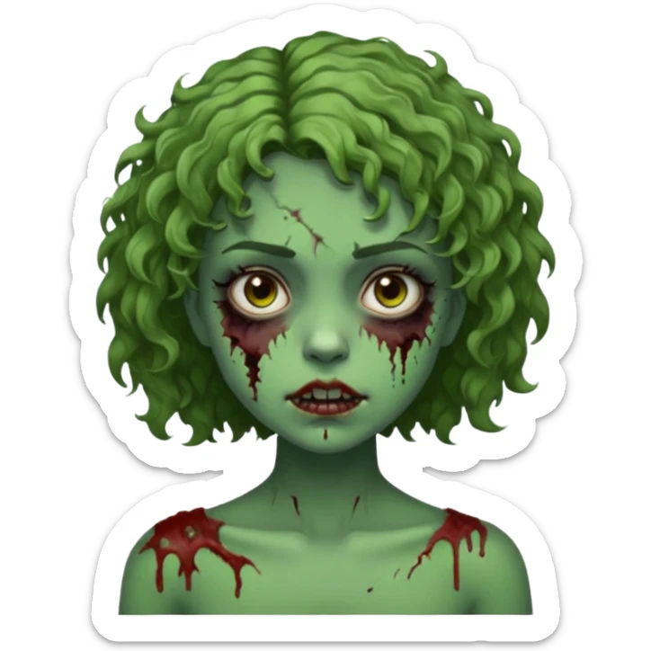 Garota, cabelos cacheados curtos na medida dos ombros, pele verde, olhos castanhos escuros, machucados pelo corpo, remetendo a um zumbi sticker