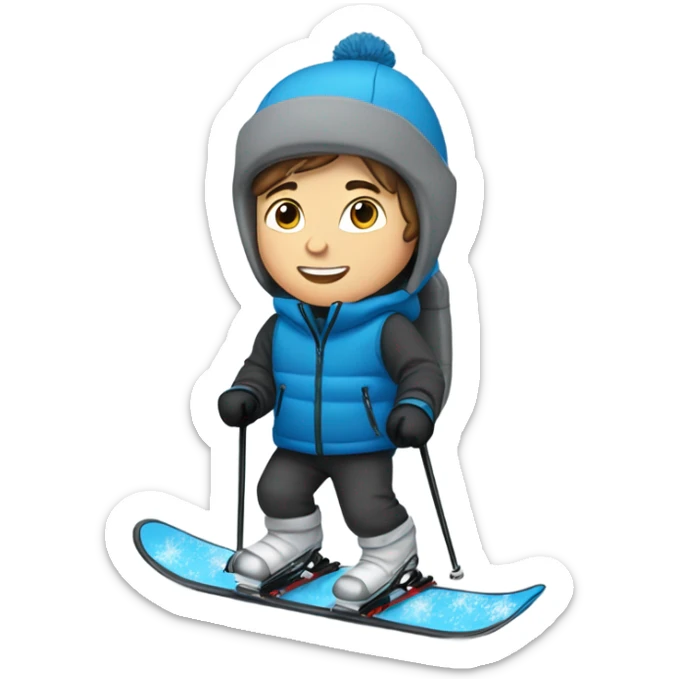 White boy with brown hair skiing on blue skis. Wearing a light gray coat. And a pair of black snow pants.  sticker