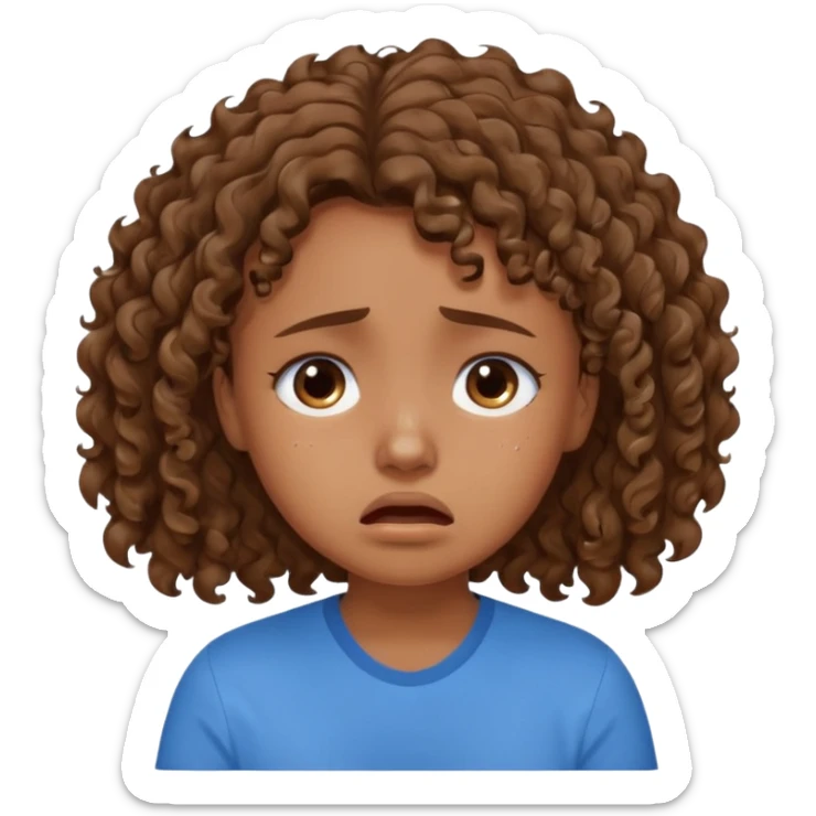 young curly hair girl, brown hair, with a blue shirt, in despair crying sticker