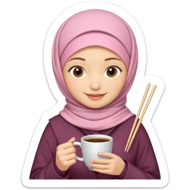 A hijabi girl with light pink hijab and tanned skin holding coffee in one hand and chopsticks in other. Only upper portion of the body shown in IOS format sticker